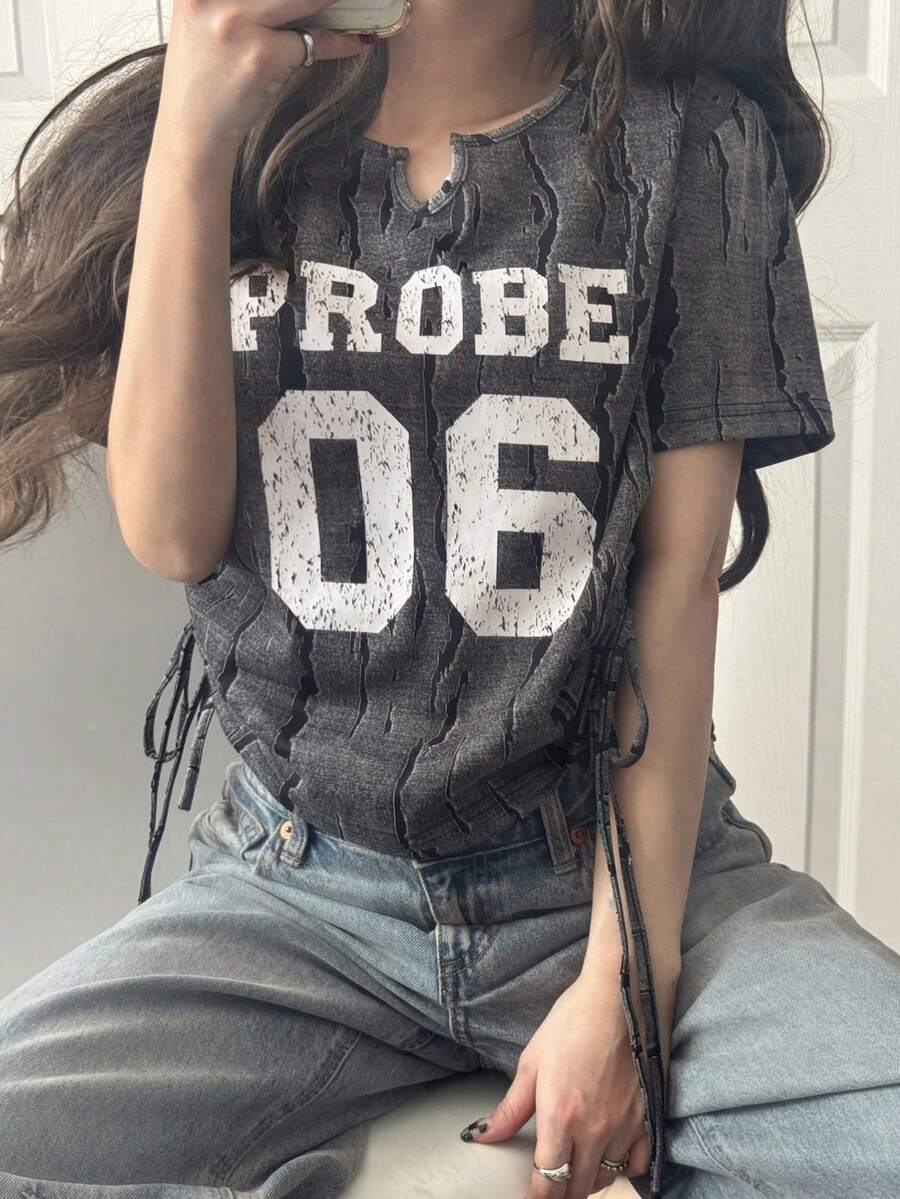 FRIFUL Women's Tie-Dye Textured Fabric Fitted Cropped Tee With Contrast Letter Print And Drawstring Detail, Street Style Short Sleeve T-Shirt Graphic Tees Women Oversized - White - View 1