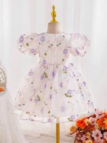 SHEIN Glamorique Kids 女童碎花腰部泡泡袖薄纱优雅派对连衣裙，适合所有季节 - 淡紫色 - 查看 2