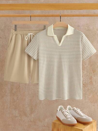 HIMLAND Men's Striped Short Sleeve Top And Solid Color Shorts Set  2 Pieces Set Men Casual Striped Short Sleeve Polo Shirt And Solid Color Shorts Polo Suit, Cozy Outfits Out Pattern, For Vacation, Beach For Husband Boyfriend Gift Simple Fashion Commuting