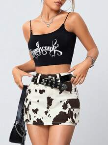 SHEIN ICON 女士复古休闲奶牛印花开衩口袋牛仔迷你裙，夏季 - 彩色 - 查看 3