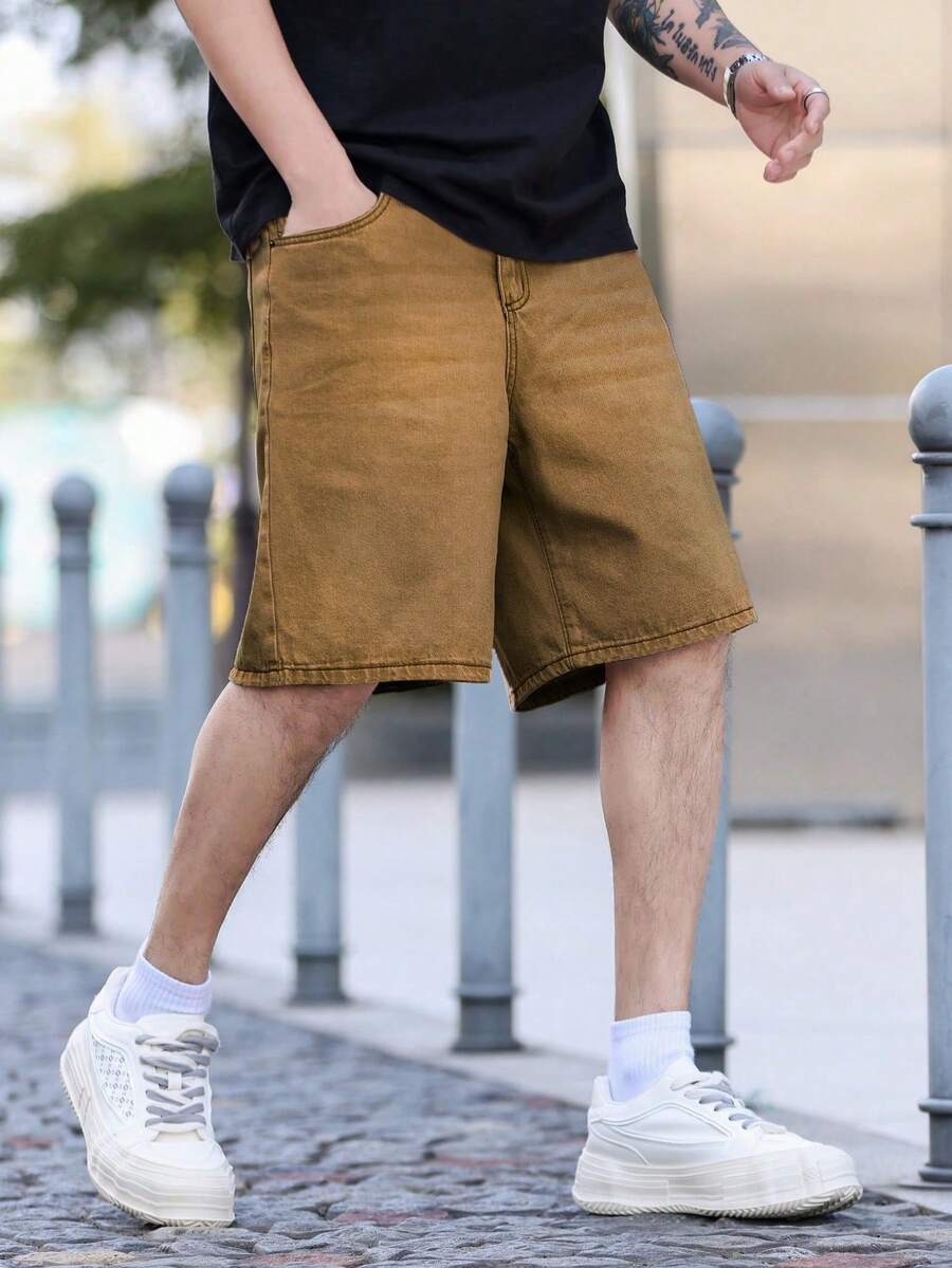 Manfinity Roughcore Solid Color Casual Loose Fit Pockets Denim Wide Leg Shorts - Brown - View 1