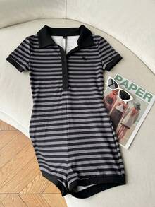 SHEIN EZwear Bộ áo liền quần tay ngắn ôm dáng, in họa tiết sọc đen, phong cách thường ngày. - Nhiều màu - Xem 4