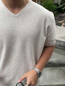 DAZY Men's Solid V-Neck Short Sleeve Gray Knit Top, Summer - Grey - View 5