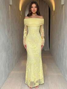 Aloruh 女士优雅褶皱不对称肩部喇叭袖鱼尾下摆修身透视网纱刺绣连衣裙，春夏秋季 - 黃色 - 查看 2