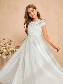 优雅甜美蕾丝拼接V领长袖雪纺连衣裙，适合女孩，可作花童、婚礼、舞会、生日派对等场合，四季皆宜。 - 白色 - 查看 5