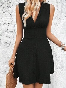 Breezaya Solid Color Vacation Style Sleeveless Dress With Front Button Closure Vacation Beach Vacation Outfits Women Black Summer Elegant French - Black - View 3