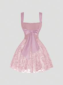 Sweetra Plus Size Spaghetti Strap Sleeveless Backless Tie-Up Waist Fitted Elegant Minimalist Short Dress - Baby Pink - View 1