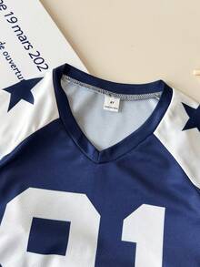 Playful Pals 2pcs/Set Toddler Boys' Summer Casual Retro Loose Sports V-Neck 91 Number Letter Print Color Block Short Sleeve Top & Elastic Waist Shorts Set,Soft - Royal Blue - View 6