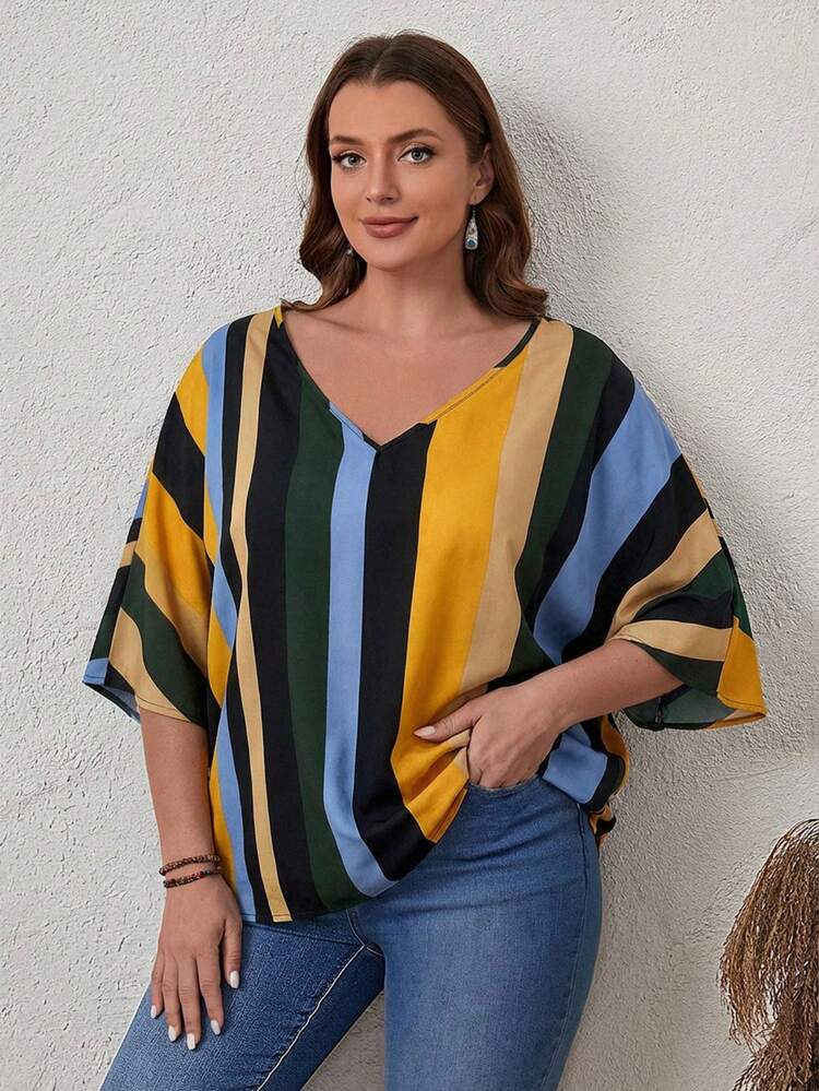 Plus Size V-Neck Batwing Sleeve Striped Decor Loose Casual Shirt, Summer