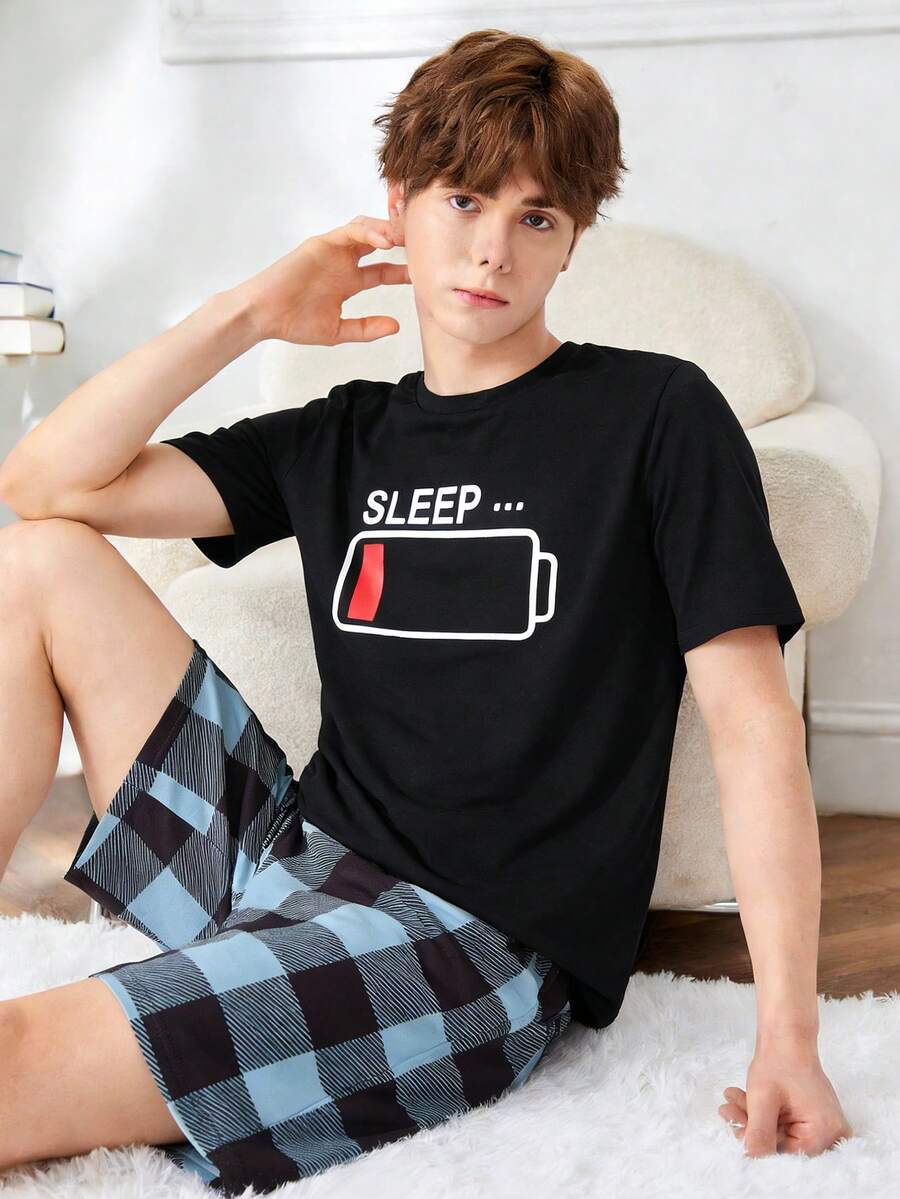 SHEIN Bộ đồ ngủ mùa hè 2 món cho bé trai tuổi teen, gồm áo thun trơn rộng rãi và quần short kẻ caro, chất liệu dệt kim. - Nhiều màu - Xem 1