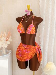 Swim Vcay Bộ đồ 3 món dành cho nữ mùa xuân/hè, thích hợp cho lễ hội âm nhạc bãi biển, gồm áo cổ yếm hở lưng, chân váy và bikini. - Nhiều màu - Xem 3