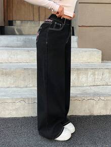 SHEIN PETITE Quần jeans nữ đơn sắc tối giản mặc hàng ngày - màu đen - Xem 10