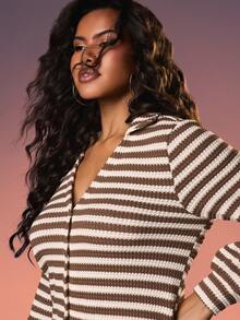 MISSGUIDED Oversized Horizontal Striped V-Neck Long Sleeve Romper Button Front Ribbed Knit Casual Playsuit Fall Winter Loungewear - Multicolor - View 4