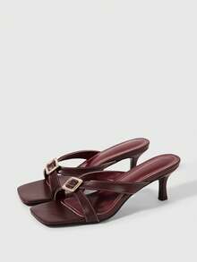 Sleekvia Ladies Square Toe Peep Toe Sexy Dark Brown Stiletto High Heel Slip-On Mule Summer Breathable Avant-Garde Cross Strap Commuter Women's Sandals - Coffee Brown - View 6