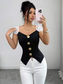 Franclia 女士浪漫网纱拼接金属扣装饰修身黑色T恤，春夏款 - 黑色 - 查看 5