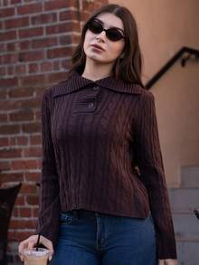 Andrea Bello 女士时尚宽松麻花休闲套头长袖毛衣上衣 - 棕色 - 查看 1