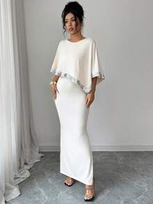 SHEIN Clasi Elegant Casual Color Block Batwing Sleeve Sequin Decor Round Neck Cape Dress For Women, Spring/Summer - Apricot - View 7