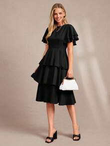 Vestido de mujer de unicolor con cuello redondo, dobladillo con volantes y capas - Negro - Ver 3