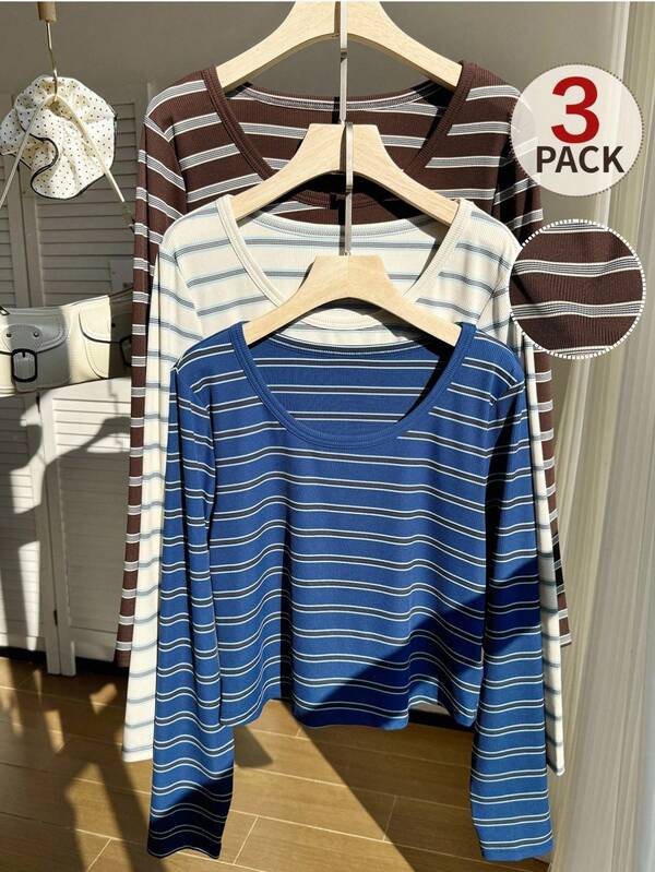 Comfortcana 3-Pack Plus Size Casual Striped Crew Neck T-Shirts Women Long Sleeve Tops Long T Shirt For Women Stripe Top Striped Long Sleeve Summer Long Sleeve Tops