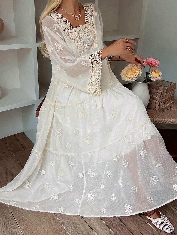 Women's Lace Embroidery V-Neck Oversized Vacation Style Dress Sun Dresses For Women