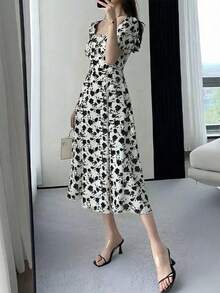 INAWLY Floral Print Square Neck Ruched Bust Elegant Short Sleeve Dress - White - View 3