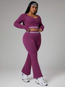 SHEIN Dewbera Women's Plus Size Contrast Color Fitted Breathable Raglan Long Sleeve Sports Set - Purple - View 5