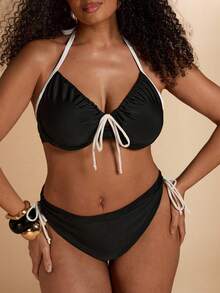 SHEIN BAE Plus Size Women's Summer Beach Color Block Halter Tie Sexy Bikini Swimwear Set Beach Outfits For Women - Black and White - View 8