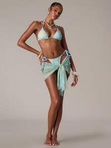 SHEIN BAE 女士夏季沙滩扎染露背性感比基尼套装，配同款纱笼裙 - 淺藍色 - 查看 4