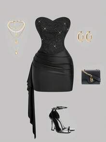 SHEIN MOD 大码女式串珠刺绣褶皱时尚迷你连衣裙，派对礼服，飘逸连衣裙，紧身连衣裙，黑色迷你连衣裙，黑色涤纶缎面迷你连衣裙，蕾丝紧身胸衣，无肩带设计，修身廓形，垂坠纯色经典款式，面料顺滑，适合春夏日常穿着，都市女装，婚纱 - 黑色 - 查看 1