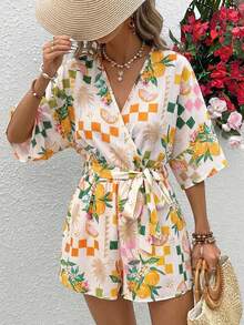 Vivid Eden Women's V-Neck Crossed Waist Tie-Up Ruffle Textured Fabric Casual Vacation Romper,Summer,Summer Vacation Outfits Women, Summer Outfits Women, Summer Outfits Woman, Women Summer Outfits,Vacation,Vacation Style, - Yellow - View 8