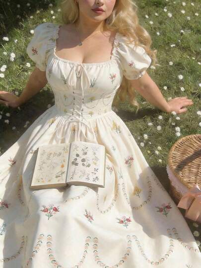 SHEIN MOD Đầm hoa cổ điển màu mơ thanh lịch dành cho nữ cỡ lớn, đầm midi lấy cảm hứng từ phong cách vintage với họa tiết thêu hoa, tay phồng và chi tiết buộc dây, dáng chữ A, đầm hoa dại, đầm phong cách cottagecore, đầm dự tiệc ngoài trời. Đầm vải lanh pha màu trắng ngà, họa tiết thêu hoa, tay ngắn phồng, eo buộc dây, cổ vuông, dáng chữ A, chất liệu mềm mại, phong cách lãng mạn, thích hợp mặc hàng ngày mùa xuân hè, đầm dự tiệc ngoài trời dành cho nữ.