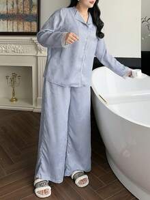 Dazy Plus Plus Size Solid Color Button Front Long Sleeve Top And Pants Pajama Set - Blue - View 7