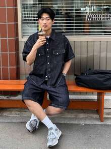 DAZY Men's Navy Blue Denim Short Sleeve Shirt And Shorts Set, Summer - Blue - View 3