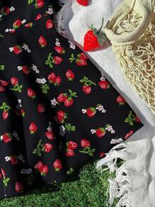 Flirla Plus Size Cute Girl Doll Collar Strawberry Print Blouse - Black - View 3