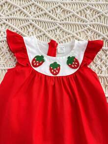 SHEIN Babygirl Elegant & Cute Strawberry Print Color Block Princess Dress Baby Summer Red Dress Red Baby Girl Dress Baby Girl Strawberry Dress Strawberry Dress Baby - Red - View 6