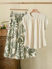 Rusticease Women's Beige Summer Tropical Holiday Vacation Holiday 2-Piece Set,Solid Color Raglan Sleeve Shirt&Tropical Plant Print Wide Leg Pants Skirt Set - Multicolor - View 7