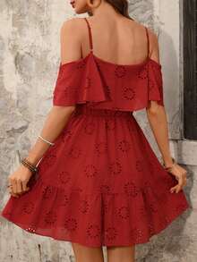 Ellevyn Women's Boho Red Embroidery Mini Dress A Line Flounce Ruffle Hem Spaghetti Strap Cold Shoulder Sleeveless - Red - View 3