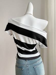 SHEIN EZwear Striped Print Asymmetric Collar Short Sleeve Women T-Shirt - Black and White - View 2