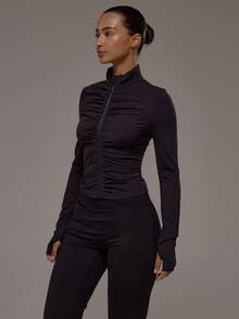 Musera Sport Top de manga larga con cremallera y detalle de pliegue frontal para actividades de otoño e invierno, ropa deportiva, gimnasio, entrenamiento, pilates, fitness y uso casual diario - Negro - Ver 4
