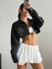 SHEIN ICON Women's Fashion Cropped Distressed Ripped Denim Jacket - Black - View 5