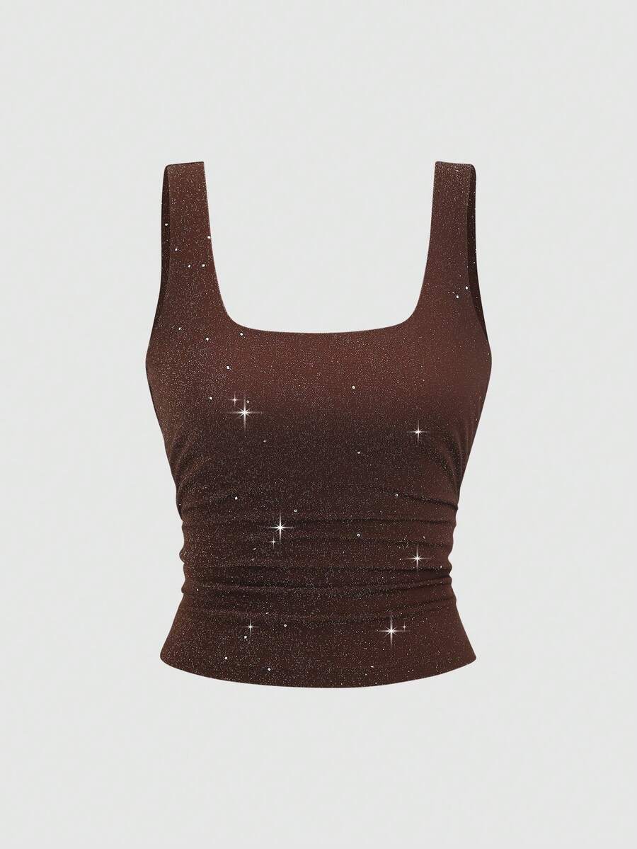 Sweetra Áo tank top nữ dáng ôm eo, chất liệu vải bóng mới, thanh lịch, thích hợp mặc đi làm hàng ngày, mùa thu. - màu nâu - Xem 1