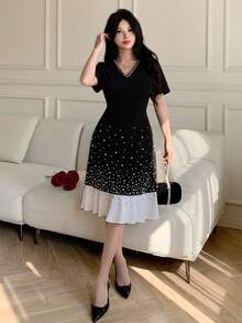 Modelyn Elegant & Romantic V-Neck Starry Rhinestone Contrast Color Mini Dress For Women - Black and White - View 6