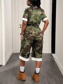 BamGleam Jumpsuit Denim Modis Motif Kamuflase dengan Korset di Pinggang, Cocok untuk Dipakai Sehari-hari - Hijau Tentara - View 2