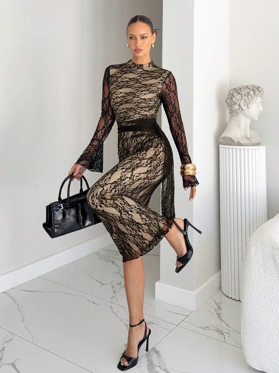 Siren Gaze Women's Elegant New Lace Fitted Flare Sleeve Stand Collar Dress - Black - View 1