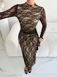 Siren Gaze Women's Elegant New Lace Fitted Flare Sleeve Stand Collar Dress - Black - View 5