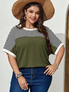 EMERY ROSE Plus Size Women'S Striped Pattern Batwing Sleeve T-Shirt For Spring - Army Green - View 5