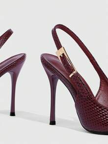 CUCCOO SZL Women's Faux Snake Skin Metallic Buckle Decor Pointed Toe High Heel Shoes, Burgundy - 22-28 Burgundy - View 10
