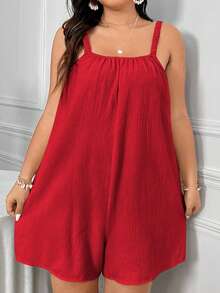 EMERY ROSE Plus Size Women's Summer Solid Color Simple Daily Wear Romper With Straps Short Summer Dresswomen Romperblack Dress Shortromper Dressshort Jumpsuit - Red - View 5