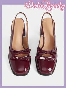 Dola Lovely Glossy Wine Red Thick Heel Double Bow Tie Backstrap Open Toe High Heel Shoes, Suitable For JK Uniform, Commute, Daily, Campus Fashion, Versatile, Lolita Style Fairycore - Red - View 5