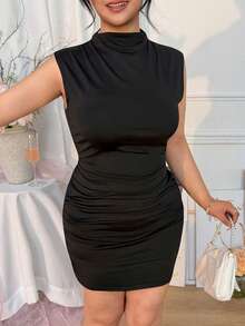 SHEIN EZwear Vestido casual corto de mujer talla grande con cuello alto, mangas cortas, cintura ceñida y unicolor, adecuado para citas y fiestas - Negro - Ver 4